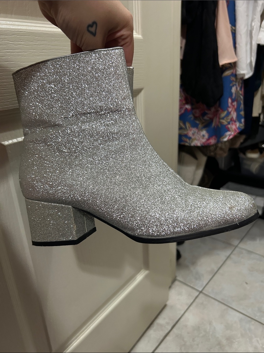 Silver Glitter Block Heel Ankle Boots - Women's